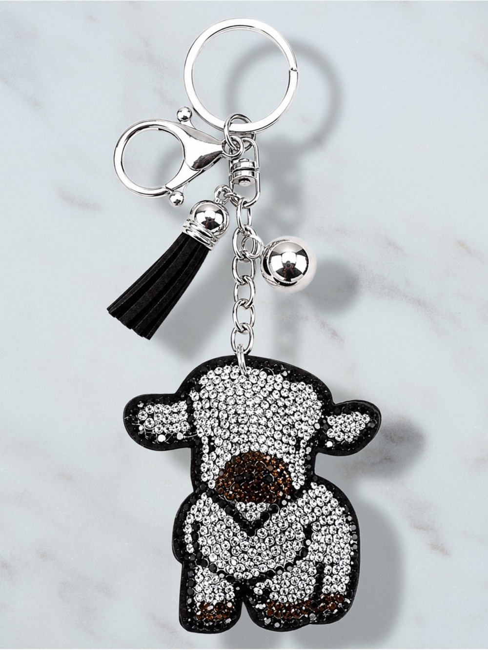 Steer White Cow Rhinestone Charm Keychain